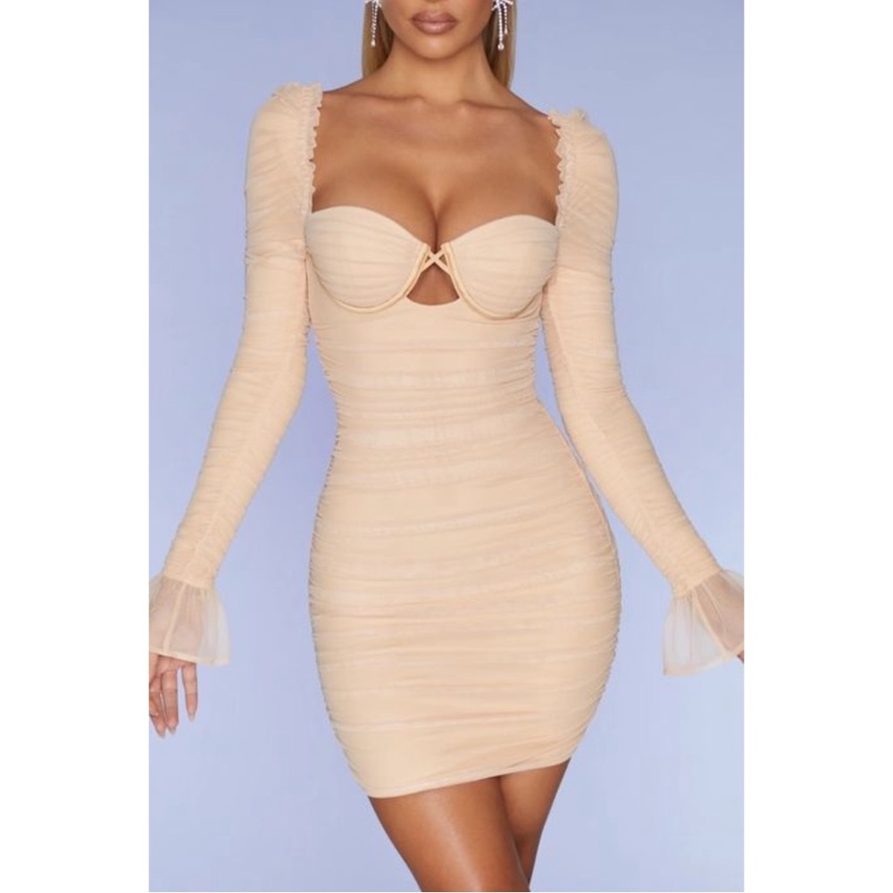 Oh Polly Ruched Mesh Mini Dress | Sand